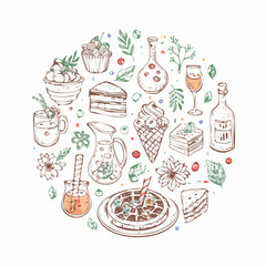 Set of hand drawn whimsical illustrations of food and drinks. Doodle drawings of italian and french food, cocktails, flowers and decor. Coquette line art in vintage style. Vector design