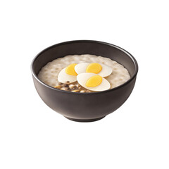 Minimal black bowl with yellow glutinous rice balls in sweet broth