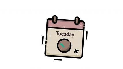 Looping animated calendar icon with the word Tuesday in a soft cartoon style. Great for digital planners, task managers, and UI/UX design assets.