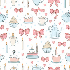Seamless vector banner with coquette vintage bows, ribbons, candles, cake, cup, teapot. Whimsical line art pattern for wedding invitation, valentine day design. Hand drawn romantic background