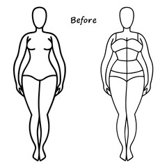 Fototapeta premium Before and after female body outline showing figure transformation, ideal for lifestyle transformation resources.