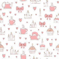 Seamless vector banner with coquette vintage bows, ribbons, candles, cake, cup, teapot. Whimsical line art pattern for wedding invitation, valentine day design. Hand drawn romantic background