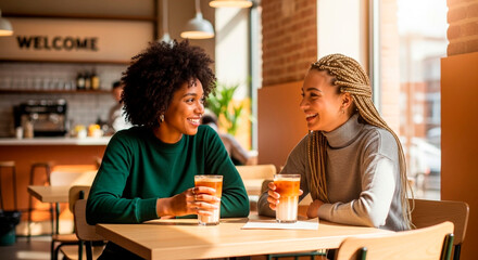 Two Woman Enjoying Drinks at a Cafe, Conversing and Smiling