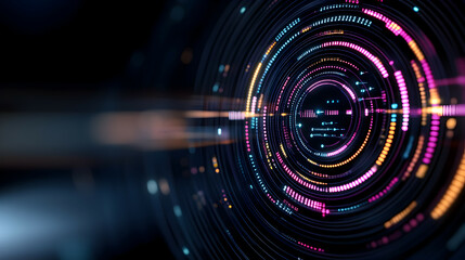Digital technology concept with a neon abstract circle of AI icons on a dark background