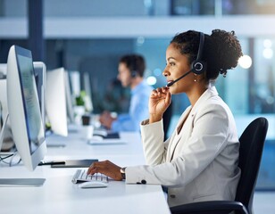 Professional mockup of a female customer service representative wearing a headset, sitting at a desk, and calling a client. Perfect for support service, call center, or tech communication visuals.