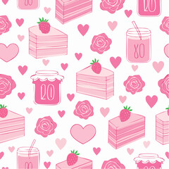 Y2k pink girly seamless pattern with cake, milk, rose flower, strawberry, cassette. Coquette banner backgroud with vintage decor. 2000s aesthetic. Vector texture for wrapping paper, wallpaper, cover