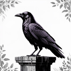 Fototapeta premium Dark raven perched on stone pillar crow bird