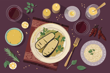 An overhead vector illustration of a romantic vegan dinner table adorned with flickering candles.