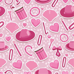 Trendy Y2K Aesthetic Seamless Vector Banner Featuring Cute Pink Stickers, Including Cowboy Hat, Bow, Heart, Shell, and Cup on a Wide Background. Coquette Style from the 2000s.