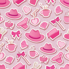 Seamless vector banner with y2k pink girly stickers. Cute cowboy hat, bow, heart, matches, shell, cup on wide background. Trendy coquette pattern in 2000s aesthetic