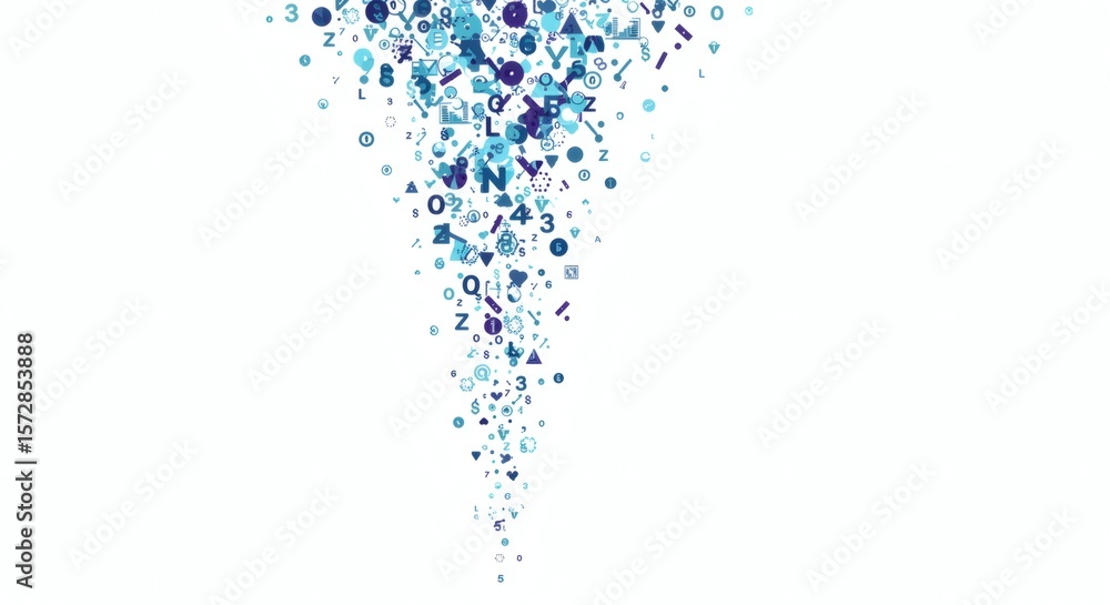 Aufkleber abstract digital data stream: blue and purple characters and symbols flowing downward on white backg
