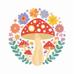 Set of colorful groovy flowers and mushrooms in 70s and 60s style. Vintage hippie elements for poster, card, graphic design. Psychedelic seventies stickers. Vector illustrations.