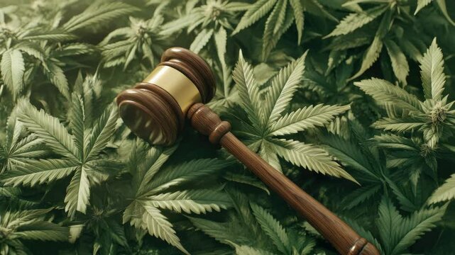 A golden gavel on a bed of green marijuana leaves, symbolizing the law's relationship with controversial drug legislation.