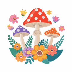 Set of colorful groovy flowers and mushrooms in 70s and 60s style. Vintage hippie elements for poster, card, graphic design. Psychedelic seventies stickers. Vector illustrations.