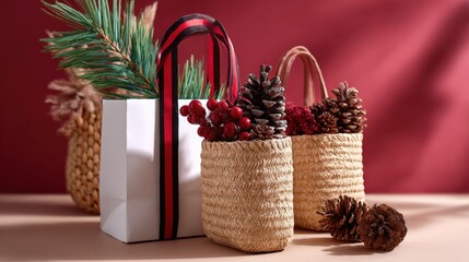 Two wicker baskets filled with brown pine cones on a wooden surface in natural daylight.