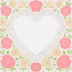 Charming Vintage Frame in Heart Shape Adorned with Roses, Hand-Illustrated Design Template for Cards and Posters, Elegant Feminine Decor for Valentine's Day and Weddings, Line Art Vector.
