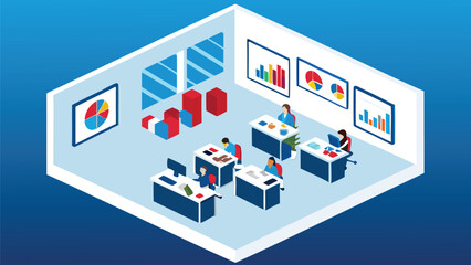 Obraz premium Isometric view of an office space with employees working at desks and charts displayed on the walls