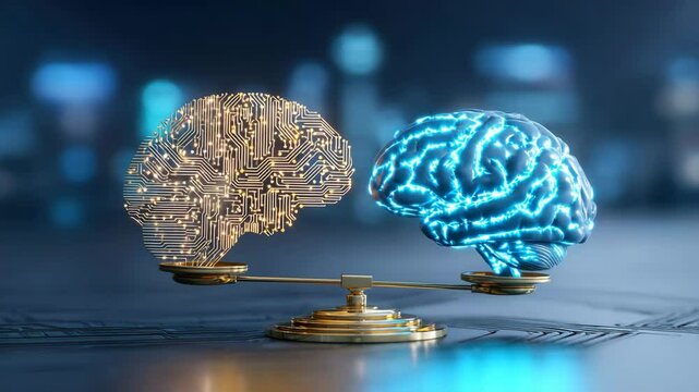 Futuristic scale balancing AI chip and human brain, symbolizing ethical technology and digital rights