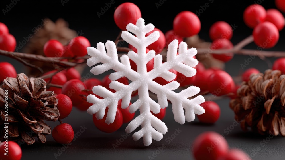 Aufkleber close-up of a snowflake resting on a branch with red berries and brown pine cones in natural light.