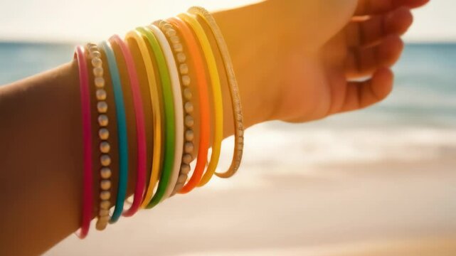 Arm of woman wearing colorful bracelets on a beach, bright sunny day. Jewelry, fashion and vacation concept.