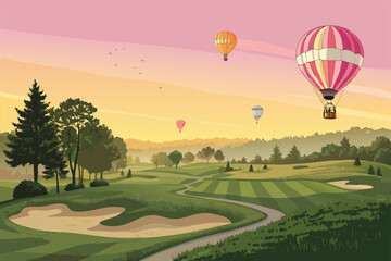 Obraz premium Vector golf course with hot air balloons overhead.