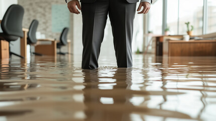 Fototapeta premium Man in a business suit stands in water inside a flooded modern office space.