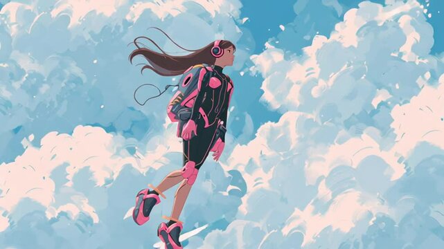 Young Female in Futuristic Outfit Soaring Through Vibrant Clouds Generative AI