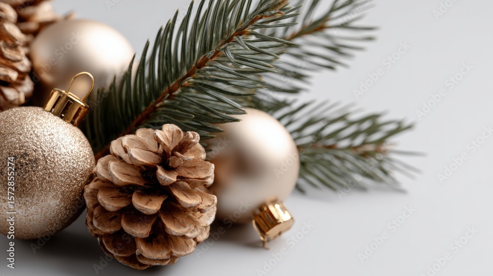 Aufkleber three decorative ornaments on a table with pine cones and a pine tree branch in soft natural light.