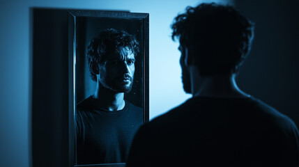 Man stares intensely at his reflection in a dimly lit mirror, bathed in cold blue light.