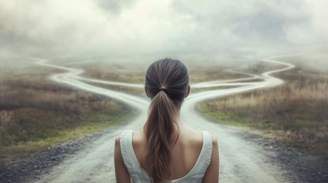 Young woman standing in front of two diverging paths in a surreal landscape as concept of choice and uncertainty
