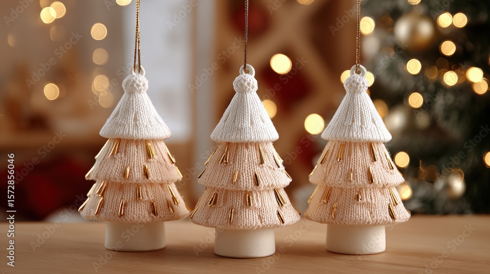 Poster white paper christmas trees hanging on a string above a wooden table in soft daylight.