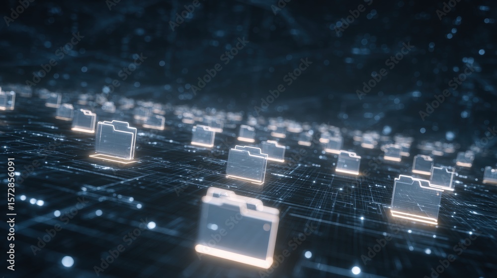 Poster abstract network grid with files and folders, futuristic software interface, digital document manage