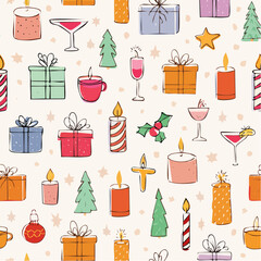 Seamless vector pattern with contemporary minimalist line art christmas holidays elements. Hand drawn candles, decorations, gifts, drinks doodles on wide background. Coquette ink winter banner