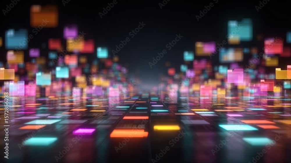 Poster abstract network grid with files and folders, futuristic software interface, digital document manage