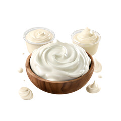 Sour Cream in wooden bowl, Mayonnaise, Yogurt, isolated on white transparent background, clipping path, full depth of field