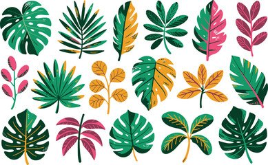 Abstract Tropical Leaf Vector Set, Colorful Jungle Leaves Clipart for Design.