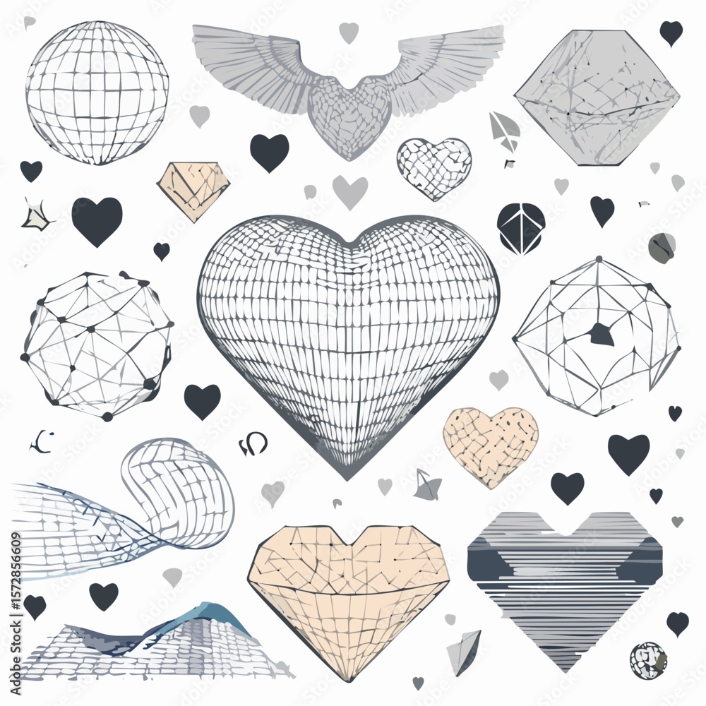 Poster vector set of retro futuristic shapes, icons and grids in black color. geometric wireframe elements,