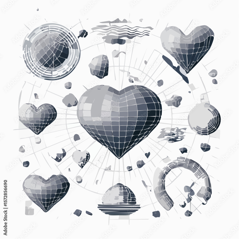 Poster vector set of retro futuristic shapes, icons and grids in black color. geometric wireframe elements,