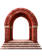 A red brick archway with stone steps provides a grand entrance, showcasing architectural detail and a sense of history against a clean transparent background