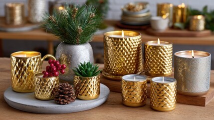 Candlelight and pine cones arranged on a wooden tray atop a table, creating a warm, rustic decor setting.