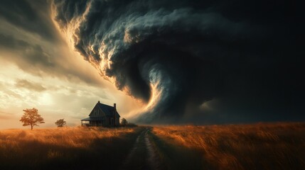 Huge tornado approaching farmhouse in the countryside at sunset
