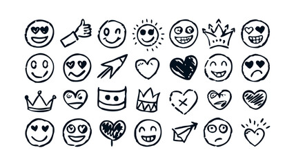 Smile doodle emoji faces in hand drawn vector doodle sketchy style. Happy, sad, crying emotional scribbles, comic elements for business design.