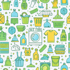Seamless vector banner with outline cleaning icons. Background with hand drawn house work elements. Laundry sketch pattern. Home routine doodle ...