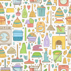 Seamless vector banner with outline cleaning icons. Background with hand drawn house work elements. Laundry sketch pattern. Home routine doodle ...