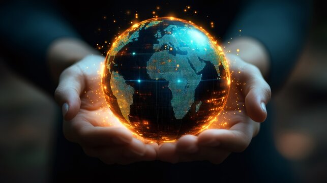Businessman holding glowing digital world globe in his hands