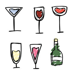 A collection of colored doodles of liquor. Colorful liquor icons. Adorable, colorful and cute doodles. Simple icons. Doodle icon set. Hand drawn liquor.