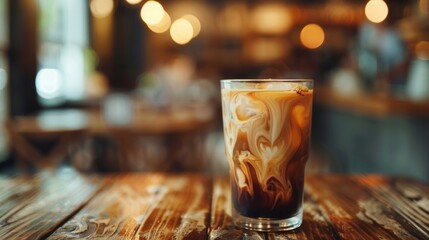 Refreshing iced coffee topped with a creamy swirl served on a charming rustic wooden table
