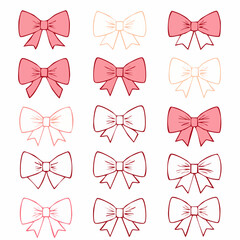 Vector set of cute coquette bows. Pastel pink, white and red elegant ribbons line art illustration. Hand drawn silk tape accessory. Girly decor ...
