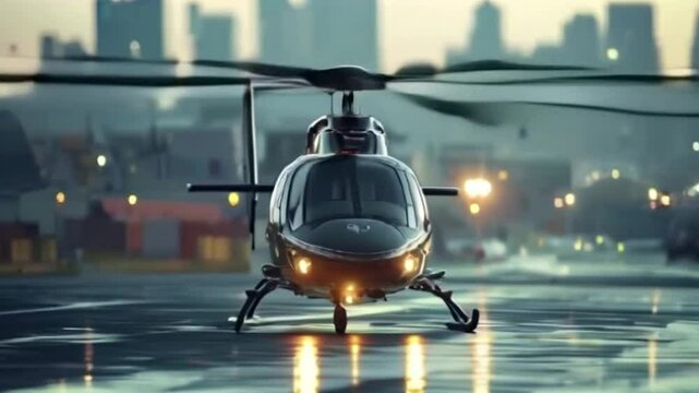 Dark helicopter on tarmac city lights in background