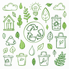 Vector set of simple ecology doodles. Alternative energy, nature protection, zero waste concept, trash recycle, green technology illustrated in child sketch style. Cute outline eco ...